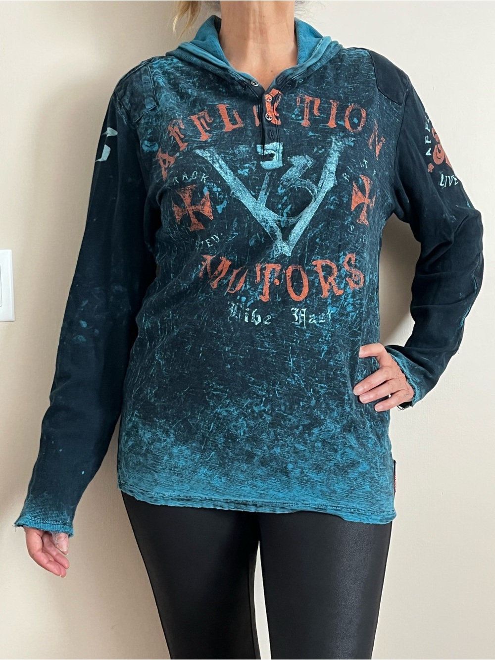 Affliction Women's Teal and Black Distressed Hoodie Sweatshirt